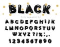 Black glossy font design. ABC letters and numbers. Glitter golden confetti.