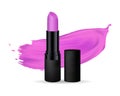 Black glossy lipstick tube with lilac color lipstick and lipstick smear.