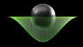 Black glossy sphere half inside a curved surface on black background - 3D rendering illustration