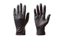 Black gloves worn on the hands, the outer and inner sides of the hands
