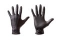 Black gloves worn on the hands, the outer and inner sides of the hands