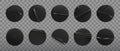 Black glued round crumpled sticker mockup set. Adhesive clear black paper or plastic stickers label with glued on transparent