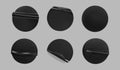 Black glued round crumpled sticker mockup set. Adhesive clear black paper or plastic stickers label with glued, wrinkled