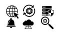 Black glyph icons of global internet cursor gear settings server security bell cloud network symbols Royalty Free Stock Photo