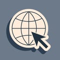 Black Go To Web icon isolated on grey background. Globe and cursor. Website pictogram. World wide web symbol. Long