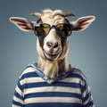 Funny Goat Wearing Sunglasses On Striped Shirt - Zbrush Style Portrait