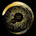 Black and gold background with circle frame and space for text. Vector glitter decoration, golden dust. Royalty Free Stock Photo