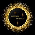 Black and gold background with circle frame and space for text. Vector glitter decoration, golden dust. Royalty Free Stock Photo