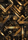 A black and gold background with geometric shapes, featuring golden patterns and textures