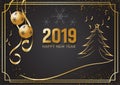 Black and Gold background for Happy New Year 2019 and Christmas Season, Vector winter holiday greeting card design template celebr Royalty Free Stock Photo