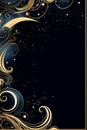 a black and gold background with swirls and stars