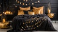 A black and gold bedroom with candles and decorations, AI