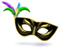 Black gold carnival mask with violet pink blue green feathers on white background Royalty Free Stock Photo