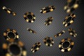 Black gold casino chips falling in different positions on transparent background. Golden poker chips isolated backdrop with Royalty Free Stock Photo