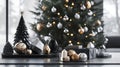 Black and Gold Christmas Ornaments and Decor on a Table Royalty Free Stock Photo
