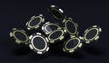 Black and gold color chips side view. Online gambling tokens for slots, poker, roulette casino games. Casino chips Royalty Free Stock Photo