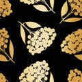 Black gold foil branches of cotoneaster berries and leaves. Seamless vector pattern background. Backdrop with Royalty Free Stock Photo