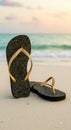 Black and Gold Glitter Flip Flops on Sandy Beach at Sunset Royalty Free Stock Photo