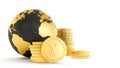 black and gold globe with stack of gold yen coins isolated on white Royalty Free Stock Photo