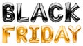 Black and gold helium balloons forming the words BLACK FRIDAY isolated on white background. Chrome black and golden