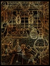 Black and gold illustration of captain or sailor room with illuminator, furniture and nautical equipment indoors