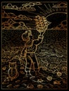 Black and gold illustration of little boy standing on a seashore and holding handmade sailboat against rising sun