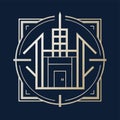 A black and gold logo showcasing a building design in the center, Artistic interpretation of a blueprint or floor plan, minimalist