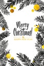 Black and Gold Merry Christmas Card. Golden Shiny Glitter Watercolor Tree Branches. Royalty Free Stock Photo