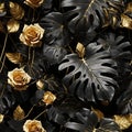 Black Gold Monstera Leaves n Roses Nature Illustration Seamless Pattern POD Design Tropical Royalty Free Stock Photo