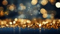 Black and gold particle abstract background with christmas golden light shine bokeh on navy blue. Royalty Free Stock Photo
