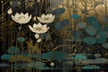 Black and gold pattern, abstract expressionism painting, graphic art nouveau, lotus and waterlily created by generative AI