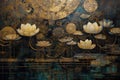 Black and gold pattern, abstract expressionism painting, graphic art nouveau, lotus and waterlily created by generative AI