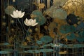 Black and gold pattern, abstract expressionism painting, graphic art nouveau, lotus and waterlily created by generative AI