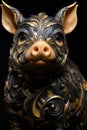 A black and gold pig statue with intricate designs, AI