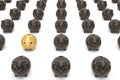 Black and gold piggy bank array on a white isolated background.3D illustration.