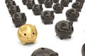 Black and gold piggy bank array on a white isolated background.3D illustration.