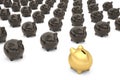 Black and gold piggy bank array on a white isolated background.3D illustration.