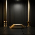 Black and gold platform in minimalistic black room with black modern columns AI generated Royalty Free Stock Photo