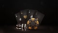 Black and gold playing cards, dice and black casino chips in dark scene Royalty Free Stock Photo