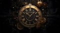 Black and gold Black pointer clock and gears., banner with space for your own content. Dark background color