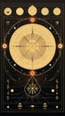 a black and gold poster with an image of planets and stars