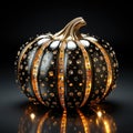 A black and gold pumpkin sitting on top of a table