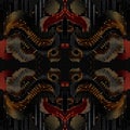 Black gold red halftone dashes pixel art textured 3d mosaic seamless pattern. Modern half tone dash lines grunge background.