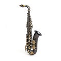 A black and gold saxophone on a white background