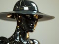 a black and gold shiny mannequin with a hat