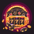 Black and gold slot machine with playing cards, poker chips and gold coins. Casino flat illustration Royalty Free Stock Photo