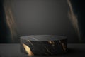 Black gold stone as pedestal for premium product display presentation. Showcase with dark shining rock