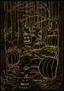 Black and gold textured illustration with path or trailway, scary pumpkin head and lanterns hiding behind the  gloomy trees in Royalty Free Stock Photo