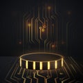 Black and gold trim geometric podium with Circuit board technology digital hi tech background. 3d vector illustration