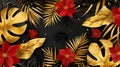 Black and gold tropical leaves on dark background modern poster Beautiful botanical design with golden tropic jungle Royalty Free Stock Photo